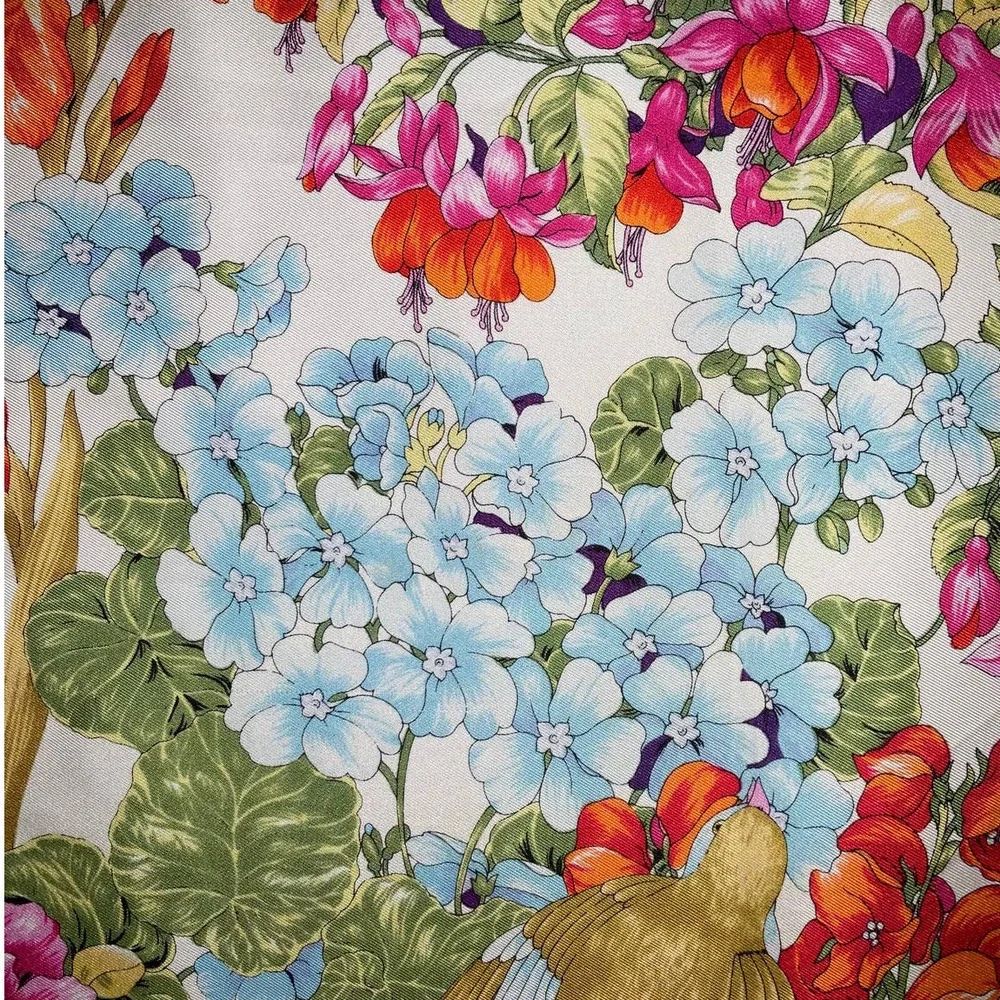 Christian Dior 32” Square 100% Silk Scarf Blue Multicolored Birds & Floral Print - Picture 14 of 16